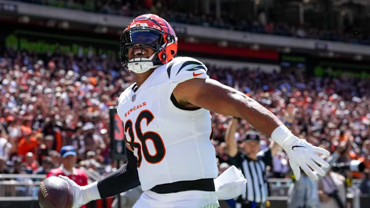 Cincinnati Bengals tight end Noah Fant (86) celebrates a touchdown in the second quarter of the NFL Week 1 game between the Cleveland Browns and the Cincinnati Bengals at Huntington Bank Field in Cleveland on Sunday, Sept. 7, 2025. Cincinnati Bengals tight end Noah Fant (86) celebrates a touchdown in the second quarter of the NFL Week 1 game between the Cleveland Browns and the Cincinnati Bengals at Huntington Bank Field in Cleveland on Sunday, Sept. 7, 2025.