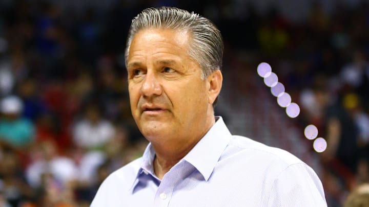 Jul 7, 2018; Las Vegas, NV, USA; Kentucky basketball head coach John Calipari in attendance of the Atlanta Hawks game against the New York Knicks during an NBA Summer League game at the Thomas & Mack Center. Mandatory Credit: Mark J. Rebilas-Imagn Images