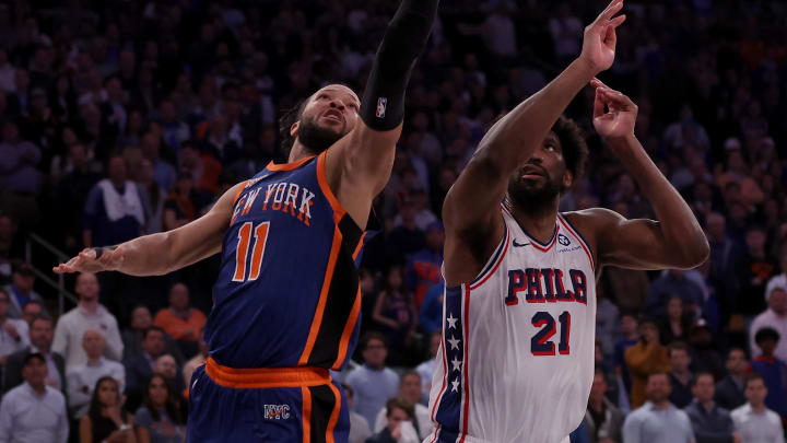 Apr 30, 2024; New York, New York, USA; New York Knicks guard Jalen Brunson (11) drives to the basket against Philadelphia 76ers center Joel Embiid (21) during overtime in game 5 of the first round of the 2024 NBA playoffs at Madison Square Garden. Mandatory Credit: Brad Penner-USA TODAY Sports