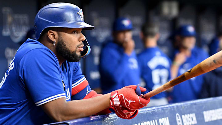 Sep 20, 2024; St. Petersburg, Florida, USA; Toronto Blue Jays first baseman Vladimir Guerrero Jr. (27) prepares for the start of the game against the Tampa Bay Rays at Tropicana Field