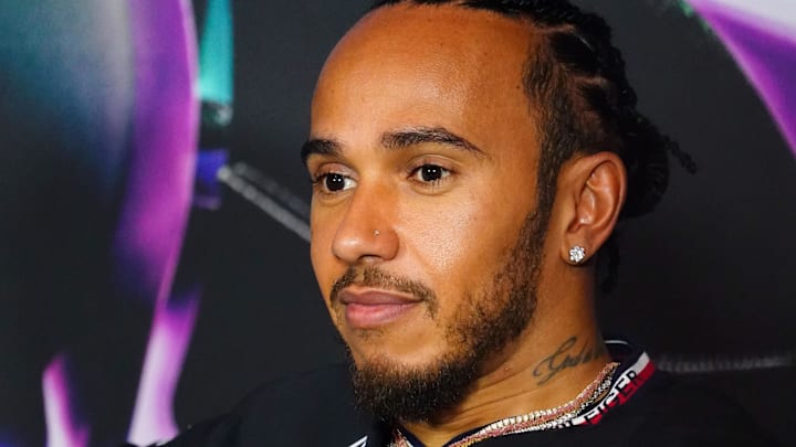 May 2, 2024; Miami Gardens, Florida, USA; Mercedes driver Lewis Hamilton (44) during a press May 2, 2024; Miami Gardens, Florida, USA; Mercedes driver Lewis Hamilton (44) during a press