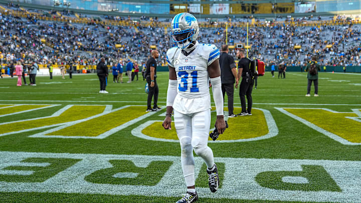 Detroit Lions safety Kerby Joseph walks off the field after the 27-13 loss to the Green Bay Packers at Lambeau Field in Green Bay, Wis., on Sunday, Sept. 7, 2025. Detroit Lions safety Kerby Joseph walks off the field after the 27-13 loss to the Green Bay Packers at Lambeau Field in Green Bay, Wis., on Sunday, Sept. 7, 2025.