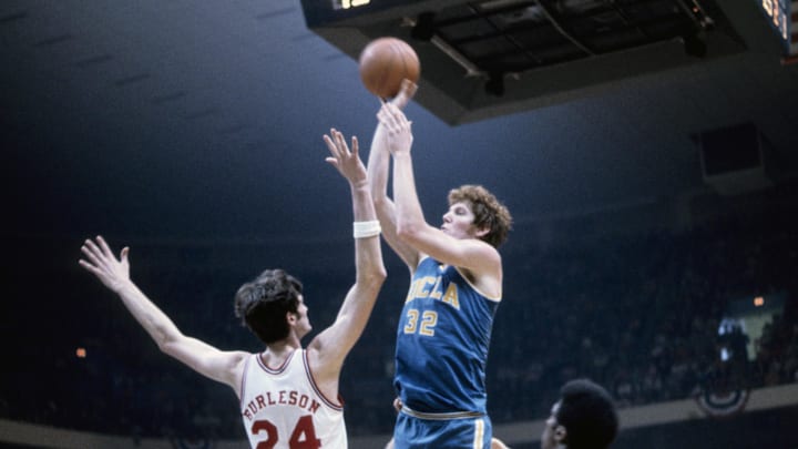 Mar 23, 1974; Greensboro, NC, USA; FILE PHOTO; UCLA Bruins center (32) Bill Walton in action against the North Carolina State Wolfpack during the 1974 Final Four. Mandatory Credit: Malcolm Emmons-Imagn Images Mar 23, 1974; Greensboro, NC, USA; FILE PHOTO; UCLA Bruins center (32) Bill Walton in action against the North Carolina State Wolfpack during the 1974 Final Four. Mandatory Credit: Malcolm Emmons-Imagn Images