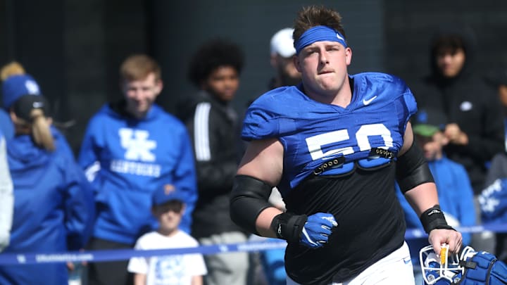 Kentucky's Koby Keenum comes out onto the field during open practice for the fans on Saturday.April 1, 2023