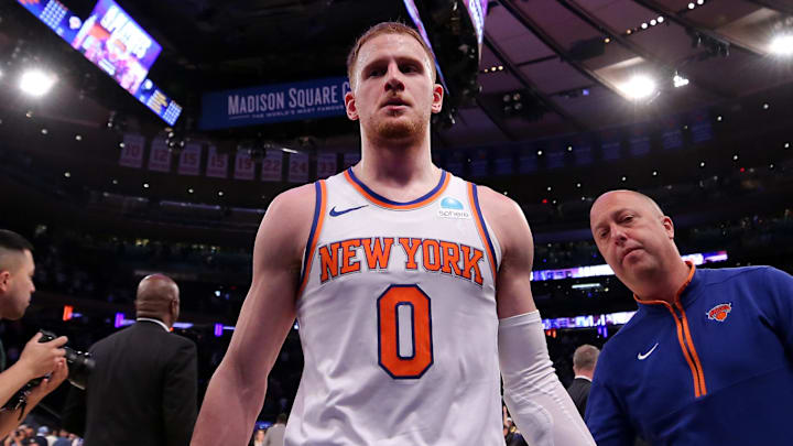 May 19, 2024; New York, New York, USA; New York Knicks guard Donte DiVincenzo (0) leaves the court after losing game seven of the second round of the 2024 NBA playoffs to the Indiana Pacers at Madison Square Garden. Mandatory Credit: Brad Penner-Imagn Images