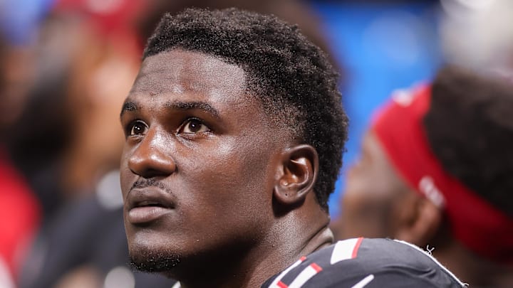 Aug 8, 2025; Atlanta, Georgia, USA; Atlanta Falcons linebacker James Pearce Jr. (27) on the sideline against the Detroit Lions in the second quarter at Mercedes-Benz Stadium. Mandatory Credit: Brett Davis-Imagn Images
