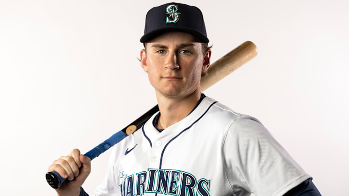 Feb 20, 2025; Peoria, AZ, USA; Seattle Mariners infielder Colt Emerson poses for a portrait during media day at Peoria Sports Complex. Mandatory Credit: Mark J. Rebilas-Imagn Images