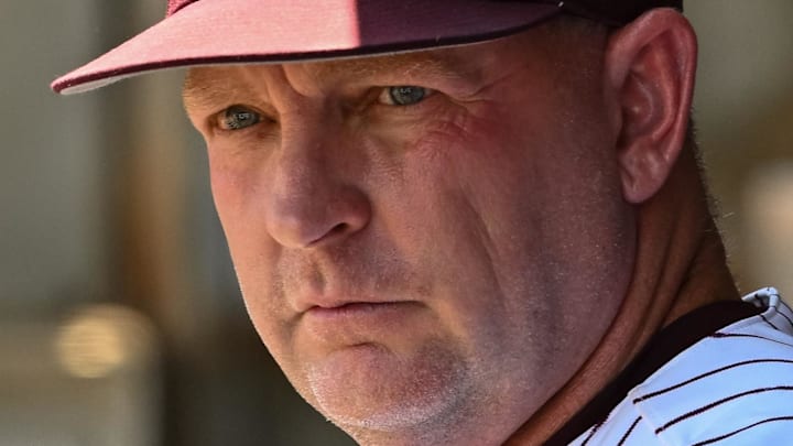 Jun 8, 2024; College Station, TX, USA; Texas A&M head coach Jim Schlossnagle looks on from the dugout prior to the game against the Oregon at Olsen Field, Blue Bell Park Mandatory Credit: Maria Lysaker-USA TODAY Sports