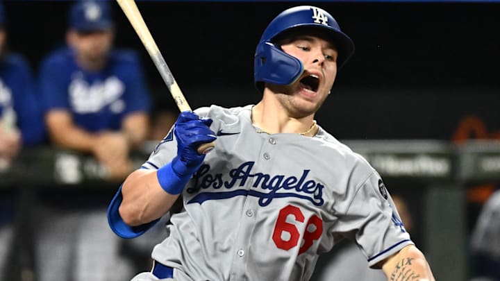 Sep 5, 2025; Baltimore, Maryland, USA; Los Angeles Dodgers catcher Dalton Rushing (68) reacts to a foul ball off his leg during the sixth inning against the Baltimore Orioles at Oriole Park at Camden Yards. Mandatory Credit: James A. Pittman-Imagn Images Sep 5, 2025; Baltimore, Maryland, USA; Los Angeles Dodgers catcher Dalton Rushing (68) reacts to a foul ball off his leg during the sixth inning against the Baltimore Orioles at Oriole Park at Camden Yards. Mandatory Credit: James A. Pittman-Imagn Images