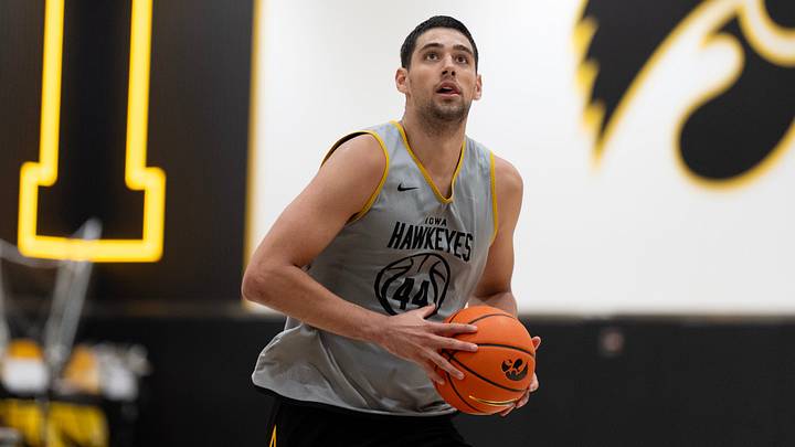 Iowa forward Joey Matteoni gathers the ball during a summer basketball practice July 8, 2026 at Carver-Hawkeye Arena in Iowa City, Iowa.