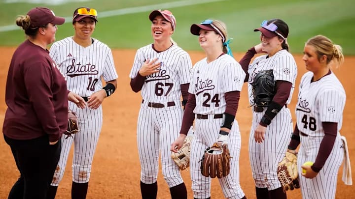 Mississippi State Head Coach Samantha Ricketts, Mississippi State Infielder Nadia Barbary (#10), Mississippi State infielder Kylee Edwards (#67), Mississippi State Catcher/Infielder Riley Hull (#4), Mississippi State Infielder Morgan Stiles (#24) and Mississippi State Pitcher/Infielder Delainey Everett (#48) during the SEC Tournament second round game against LSU at Jack Turner Softball Stadium in Athens, GA.