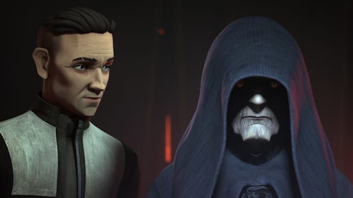 Star Wars: The Bad Batch Season 3 "Shadows of Tantiss." Royce Hemlock and Emperor Palpatine. Image Credit: StarWars.com