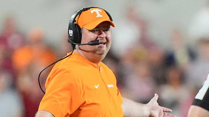 Tennessee coach Josh Heupel talks with an official during a college football game at Bryant-Denny Stadium in Tuscaloosa, Ala., on Oct. 18, 2025. Tennessee coach Josh Heupel talks with an official during a college football game at Bryant-Denny Stadium in Tuscaloosa, Ala., on Oct. 18, 2025.