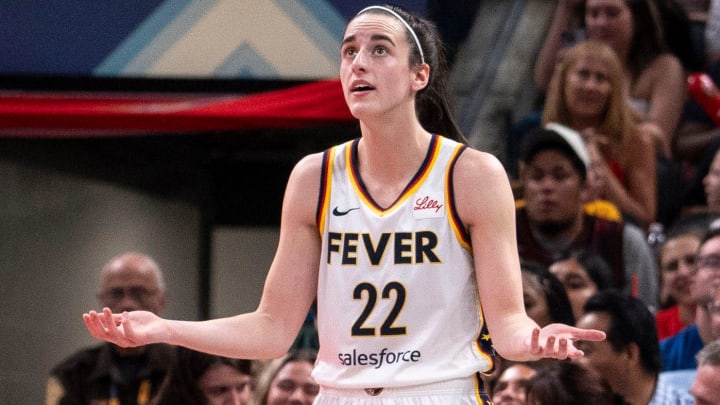 Indiana Fever guard Caitlin Clark (22) reacts after a foul Wednesday, June 19, 2024, during the game at Gainbridge Fieldhouse in Indianapolis. The Indiana Fever defeated the Washington Mystics, 88 - 81.