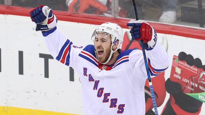 Dec 21, 2017; Newark, NJ, USA; New York Rangers center Kevin Hayes (13) celebrates his goal during the third period of their game against the New Jersey Devils at Prudential Center. Mandatory Credit: Ed Mulholland-USA TODAY Sports
