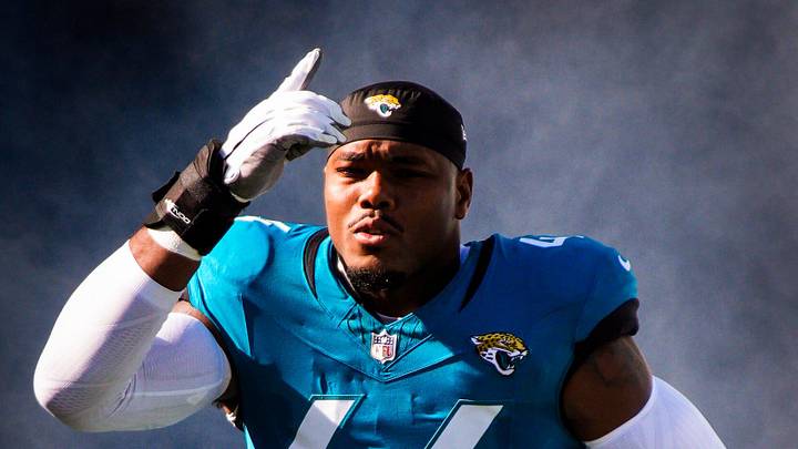 Jacksonville Jaguars defensive end Travon Walker (44) enters the stadium before an NFL football game at EverBank Stadium, Sunday, Dec. 14, 2025, in Jacksonville, Fla. [Doug Engle/Florida Times-Union]