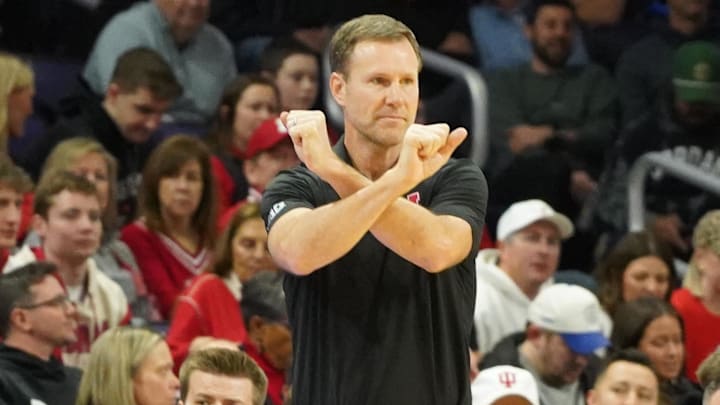 Jan 17, 2026; Evanston, Illinois, USA; Nebraska Cornhuskers head coach Fred Hoiberg gestures to his team against the Northwestern Wildcats during the first half at Welsh-Ryan Arena. Mandatory Credit: David Banks-Imagn Images