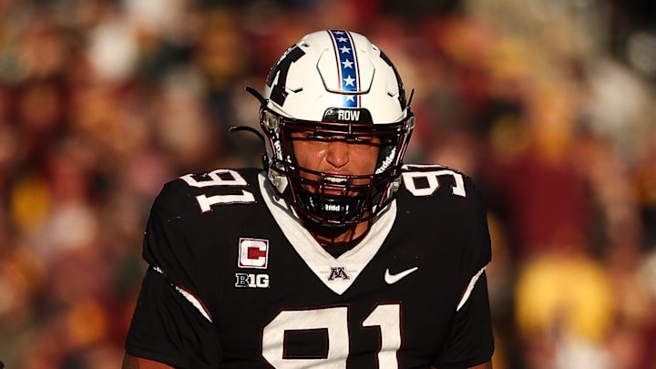 Nov 1, 2025; Minneapolis, Minnesota, USA; Minnesota Golden Gophers defensive lineman Deven Eastern (91) celebrates against the Michigan State Spartans during the second half at Huntington Bank Stadium. Mandatory Credit: Matt Krohn-Imagn Images