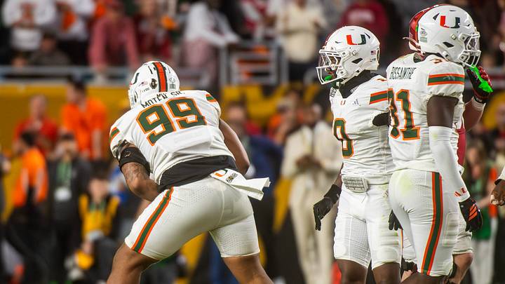 Miami's Ahmad Moten Sr. (99) celebrates a tackle during the College Football Playoff National Championship college football game at Hard Rock Stadium in Miami Gardens on Monday, Jan. 19, 2026.