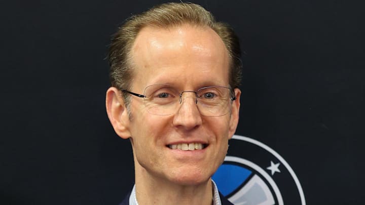 Apr 11, 2023; Orlando, Florida, USA;  Orlando Magic president of basketball operations Jeff Weltman during a press conference for the new Orlando Magic G-League stadium at Osceola Heritage Park. Mandatory Credit: Nathan Ray Seebeck-Imagn Images