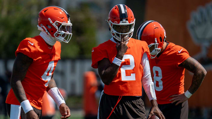 Quarterbacks Deshaun Watson, Shedeur Sanders and Dillon Gabriel practice together at the Browns mini camp in Berea on April 21, 2026.