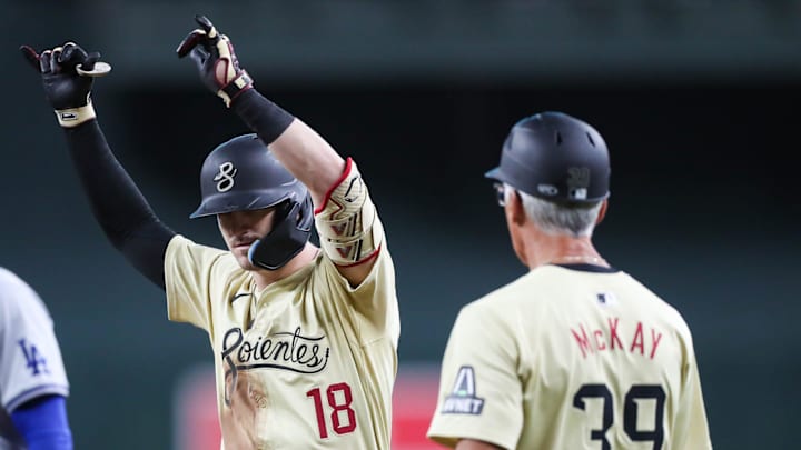 Arizona Diamondbacks shortstop Kevin Newman (18) celebrates after hitting a single on Aug. 30, 2024 at Chase Field in Phoenix.