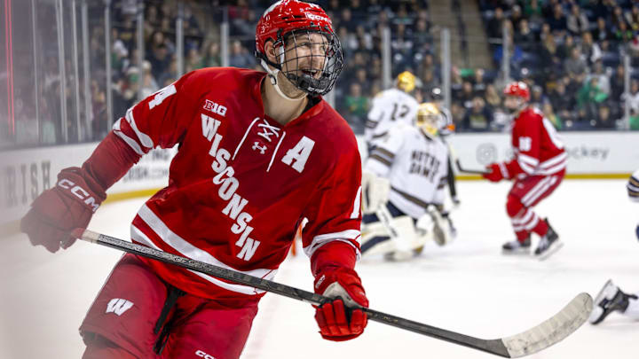 Junior defenseman Joe Palodichuk was all smiles as Wisconsin dominated Notre Dame for a weekend sweep, 7-4 and 9-2, Dec. 5-6, 2025 Junior defenseman Joe Palodichuk was all smiles as Wisconsin dominated Notre Dame for a weekend sweep, 7-4 and 9-2, Dec. 5-6, 2025