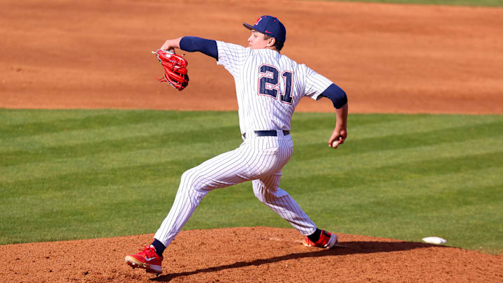 RHP Mason Morris throws a pitch for the Ole Miss Rebels against Wright State at Swayze Field in Oxford, Miss., on March 2, 2025.