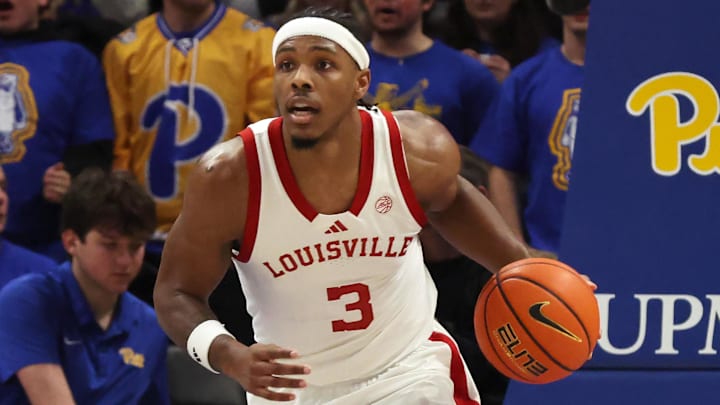 Jan 17, 2026; Pittsburgh, Pennsylvania, USA; Louisville Cardinals guard Ryan Conwell (3) brings the ball up court against the Pittsburgh Panthers during the first half at the Petersen Events Center. Mandatory Credit: Charles LeClaire-Imagn Images