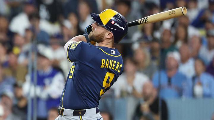 Oct 14, 2026; Los Angeles, California, USA; Milwaukee Brewers first baseman Jake Bauers (9) hits a two run home run against the Los Angeles Dodgers during the seventh inning in game three of the NLCS for the 2026 MLB Playoffs at Uniqlo Field at Dodger Stadium. Mandatory Credit: Kiyoshi Mio-Imagn Images Oct 14, 2026; Los Angeles, California, USA; Milwaukee Brewers first baseman Jake Bauers (9) hits a two run home run against the Los Angeles Dodgers during the seventh inning in game three of the NLCS for the 2026 MLB Playoffs at Uniqlo Field at Dodger Stadium. Mandatory Credit: Kiyoshi Mio-Imagn Images
