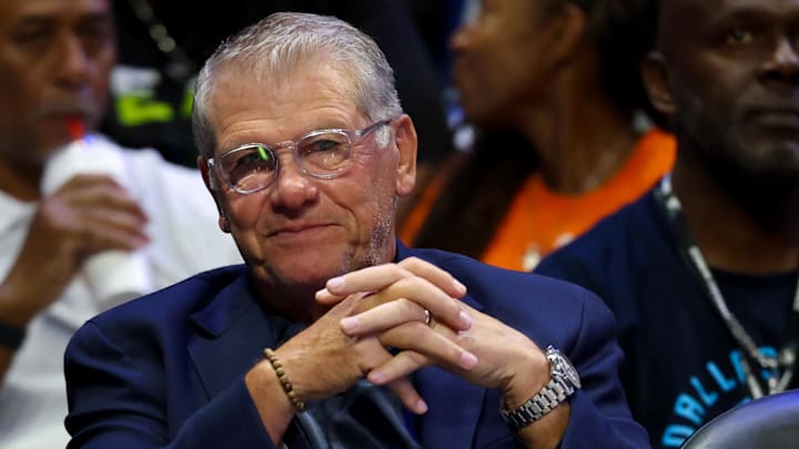 Jun 17, 2025; Arlington, Texas, USA;  University of Connecticut head coach Geno Auriemma watches the game between the Dallas Wings and Golden State Valkyries at College Park Center. Mandatory Credit: Kevin Jairaj-Imagn Images