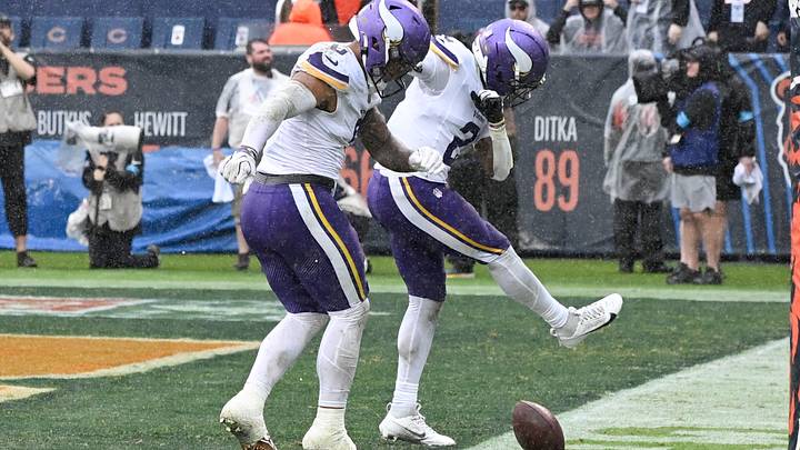 Sep 20, 2026; Chicago, Illinois, USA; Minnesota Vikings linebacker Ivan Pace Jr. (0) and cornerback Isaiah Rodgers (2) dance after Rogers picked up a fumble against the Chicago Bears during the second half at Soldier Field. Mandatory Credit: Matt Marton-Imagn Images Sep 20, 2026; Chicago, Illinois, USA; Minnesota Vikings linebacker Ivan Pace Jr. (0) and cornerback Isaiah Rodgers (2) dance after Rogers picked up a fumble against the Chicago Bears during the second half at Soldier Field. Mandatory Credit: Matt Marton-Imagn Images
