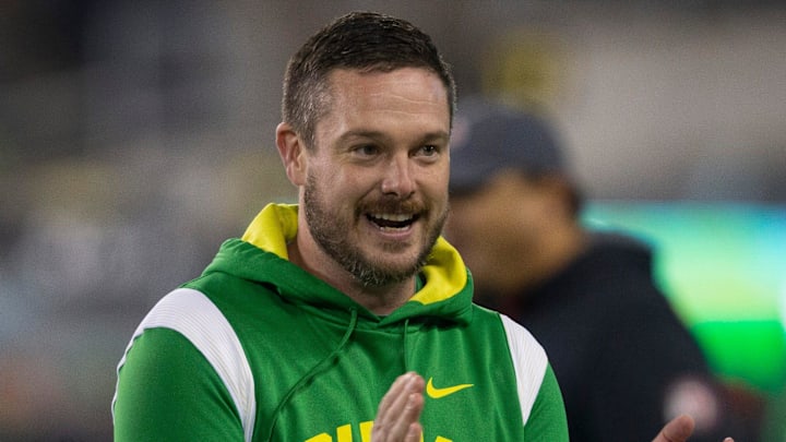 Oregon coach Dan Lanning joins his team during warmups before their game against Utah in final home game of season at Autzen Stadium.

Ncaa Football Oregon Utah Football Utah At Oregon