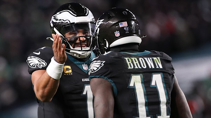 Nov 28, 2025; Philadelphia, Pennsylvania, USA; Philadelphia Eagles quarterback Jalen Hurts (1) and wide receiver A.J. Brown (11) celebrate a touchdown against the Chicago Bears during the third quarter of the game at Lincoln Financial Field. Mandatory Credit: Bill Streicher-Imagn Images Nov 28, 2025; Philadelphia, Pennsylvania, USA; Philadelphia Eagles quarterback Jalen Hurts (1) and wide receiver A.J. Brown (11) celebrate a touchdown against the Chicago Bears during the third quarter of the game at Lincoln Financial Field. Mandatory Credit: Bill Streicher-Imagn Images