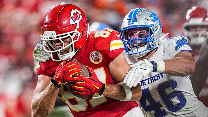 Detroit Lions linebacker Jack Campbell (46) tackles Kansas City Chiefs tight end Travis Kelce (87) during the second half at Arrowhead Stadium in Kansas City, Missouri on Sunday, Oct. 12, 2025. Detroit Lions linebacker Jack Campbell (46) tackles Kansas City Chiefs tight end Travis Kelce (87) during the second half at Arrowhead Stadium in Kansas City, Missouri on Sunday, Oct. 12, 2025.