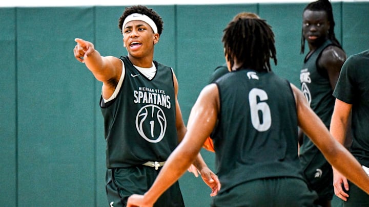 Michigan State's Jeremy Fears Jr. calls out to teammates during the first day of basketball practice on Monday, Sept. 22, 2025, at the Breslin Center in East Lansing.