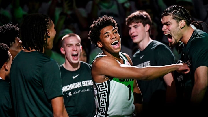 Michigan State's Jeremy Fears Jr. is announced before the Spartans game against Michigan on Friday, Jan. 30, 2026, at the Breslin Center in East Lansing.