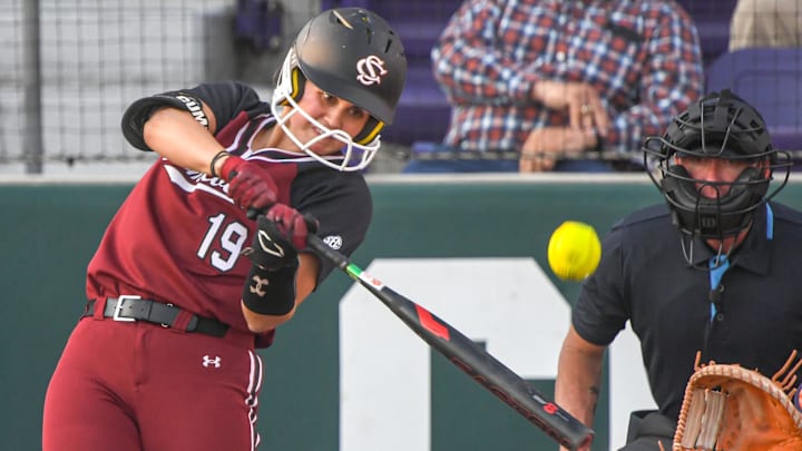 South Carolina senior Jen Cummings (19) hits a solo home run to put the Gamecocks ahead of Clemson 3-2 during the top of the third inning at McWhorter Stadium in Clemson Wednesday, March 20, 2024.