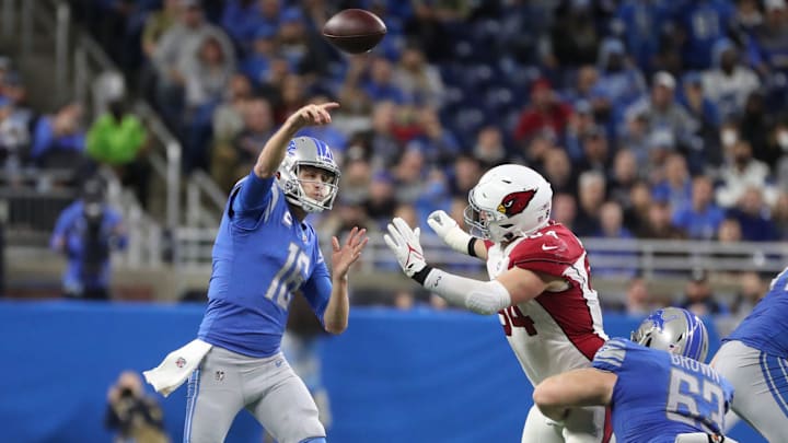 Detroit Lions quarterback Jared Goff passes against the Arizona Cardinals during the first half of the Lions' 30-12 win Sunday, Dec. 19, 2021, at Ford Field in Detroit.

Lions Ariz