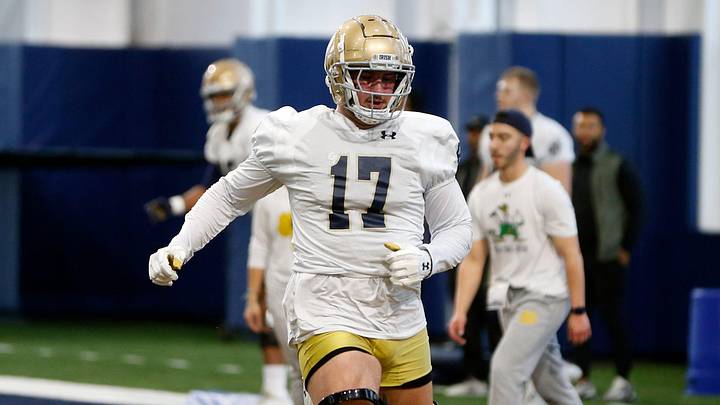 Notre Dame sophomore Brenan Vernon runs through a drill during a practice Thursday, March 7, 2024, at the Irish Athletics Center in South Bend. Notre Dame sophomore Brenan Vernon runs through a drill during a practice Thursday, March 7, 2024, at the Irish Athletics Center in South Bend.