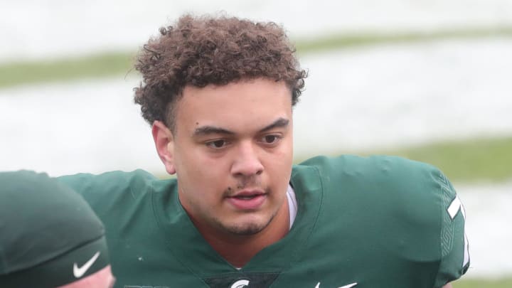 Michigan State offensive lineman Ethan Boyd leaves the field after the spring game Saturday, April 24, 2021 at Spartan Stadium in East Lansing.

Msu Spring