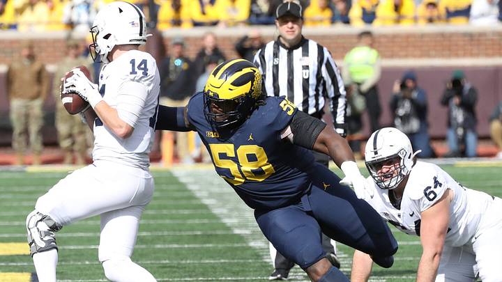 Michigan defensive lineman Mazi Smith (58) pressures Penn State quarterback Sean Clifford (14) during the second half Oct. 15, 2022 at Michigan Stadium in Ann Arbor.
Michpenn 101522 Kd 0016511 Michigan defensive lineman Mazi Smith (58) pressures Penn State quarterback Sean Clifford (14) during the second half Oct. 15, 2022 at Michigan Stadium in Ann Arbor.
Michpenn 101522 Kd 0016511