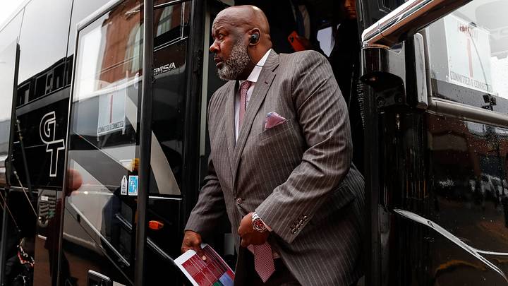 Maryland football head coach Mike Locksley walks off the bus as the team arrives ahead of the game vs. Michigan on Sept. 24, 2022 at the Michigan Stadium in Ann Arbor.