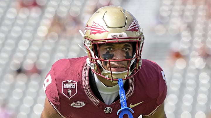 Sep 14, 2024; Tallahassee, Florida, USA; Florida State Seminoles defensive back Azareye'h Thomas (8) warms up before a game against the Memphis Tigers at Doak S. Campbell Stadium. Sep 14, 2024; Tallahassee, Florida, USA; Florida State Seminoles defensive back Azareye'h Thomas (8) warms up before a game against the Memphis Tigers at Doak S. Campbell Stadium.