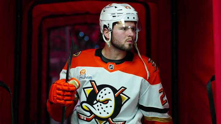 Jan 12, 2025; Raleigh, North Carolina, USA;  Anaheim Ducks center Mason McTavish (23) comes off the ice after the warmups before the game against the Carolina Hurricanes at Lenovo Center. Mandatory Credit: James Guillory-Imagn Images