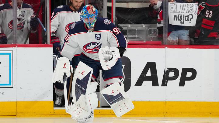 Apr 2, 2026; Raleigh, North Carolina, USA; Columbus Blue Jackets goaltender Elvis Merzlikins (90) skates out onto the ice for the warmups before the game against the Carolina Hurricanes at Lenovo Center. Mandatory Credit: James Guillory-Imagn Images Apr 2, 2026; Raleigh, North Carolina, USA; Columbus Blue Jackets goaltender Elvis Merzlikins (90) skates out onto the ice for the warmups before the game against the Carolina Hurricanes at Lenovo Center. Mandatory Credit: James Guillory-Imagn Images