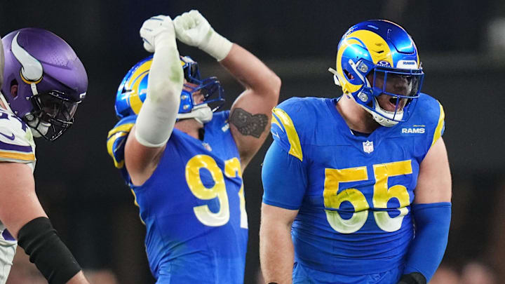 Los Angeles Rams defensive end Braden Fiske (55) celebrates his sack of Minnesota Vikings quarterback Sam Darnold (14) during their playoff game at State Farm Stadium on Jan. 13, 2025, in Glendale.