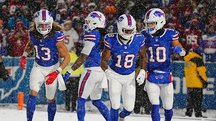 Bills wide receivers Mack Hollins, Amari Cooper and Khalil Shakir run off the field during first half action of their home game against the San Francisco 49ers in Orchard Park on Dec. 1, 2024.