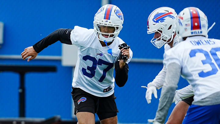 Buffalo Bills' Jordan Hancock sprints away from a player lined up against him during voluntary workouts at their practice facility on May 27, 2025.