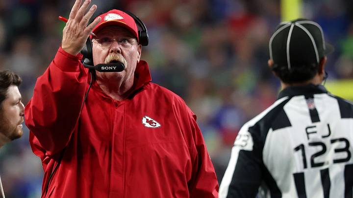 Oct 25, 2026; Seattle, Washington, USA;  Kansas City Chiefs head coach Andy Reid reacts during the fourth quarter against the Seattle Seahawks at Lumen Field.  Mandatory Credit: Joe Nicholson-Imagn Images